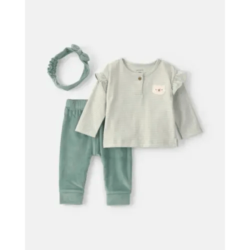 Baby Girl 3-Piece Bear Long-Sleeve Top & Pant Set - Green | Carter's
