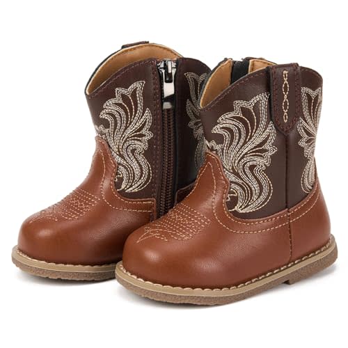 Newsonet Baby Cowboy Cowgirl Boots Infant Western Boots Toddler Boys Girls Round Toe Riding Mid Calf Boots All Seasons for 6 9 12 18 24 Months