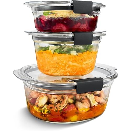 Rubbermaid Brilliance® Glass Round Leak-Proof 6-Piece Set Food Storage Containers, Food Containers with Lids, Meal Prep Containers