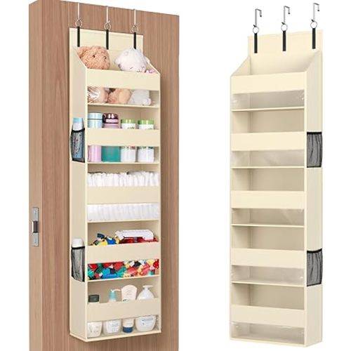 Lifewit 1 Pack Over the Door Organizer, 5 Shelf Clear Window Hanging Storage with 4 Mesh Side Pockets, Anti Tilt 40 lbs Load Behind Door for Pantry, Nursery, Bathroom, Bedroom, Kitchen, Dorm, Beige