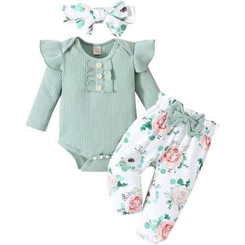 GDTOGRT Baby Girl Clothes Ruffle Romper+ Floral Pants + Cute Headband Sets for Girls