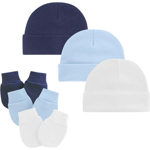 Zando Newborn Boys' Cotton Beanie Hat & Mittens Set, 0-6 Months, 3 Pack