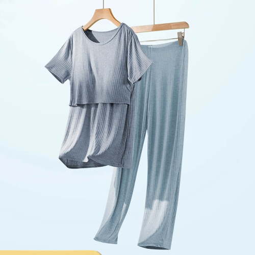 Fglymey Womens Postpartum Maternity Pajamas 2 Piece Sets With Chest Pad Rib Short Sleeve Nursing Tops and Elastic Waist Pants Loungewear Blue 2XL