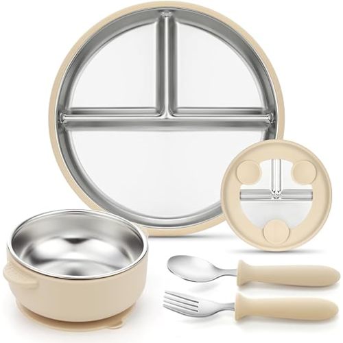 AIEVE Stainless Steel Kids Plates and Bowls with Suction,4 Pcs Kids Dinnerware Set Including Spoon,Fork,Divided Toddler Suction Plates and Suction Bowls