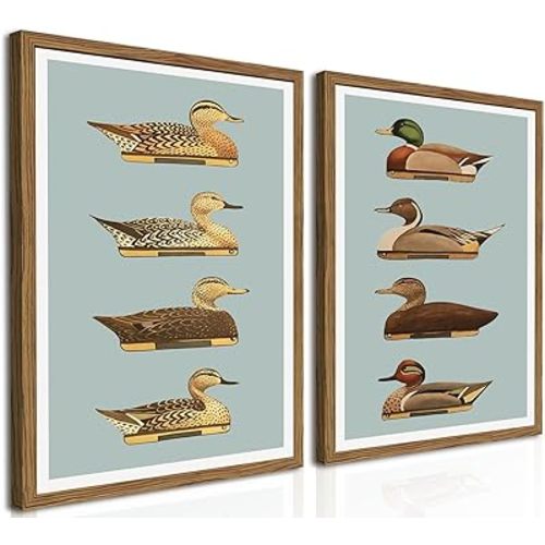 Vintage Duck Wall Art, Nature Duck Decoy Wall Decor Paintings, Countryside Hunting Fishing Canvas Prints Aesthetic Pictures for Living Room Bedroom Dorm 12x16 inch Framed