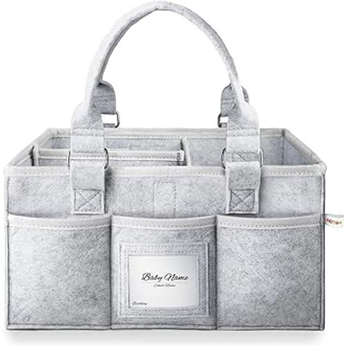 Kidtion Diaper Caddy Organizer for Baby Essentials, Newborn Essetials Must Haves, Baby Registry Search and Other Baby Stuff, Collapsible Baby Basket with Handle and a Photo Frame, Gray (L)