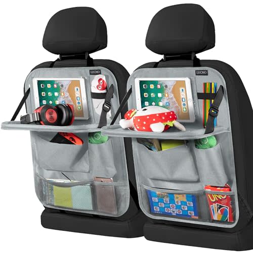 LUCMO Car Backseat Organizer with Tablet Holder-2 Pcs,6 Storage Pockets Car Storage Organizer with Foldable Food Tray Protectors Kick Mats Travel Accessories-Grey