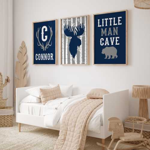 Moose Nursery Art Prints: Little Man Cave, Navy and Gray, Set of 3