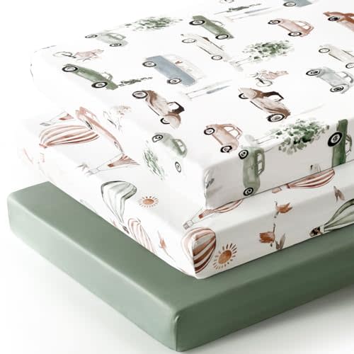 GRSSDER Pack n Play Sheets Fitted 3 Pack, Stretchy Ultra Soft Jersey Knit Pack and Play Sheets, Universal Fitted Portable/Mini Crib Mattresses Snug and Safe, Neutral Pattern of Cars Print