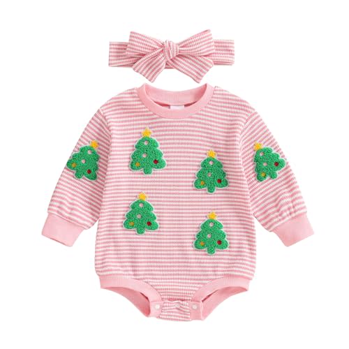 Amnnchya Christmas Newborn Baby Girl Outfit Tree Embroidery Long Sleeve Striped Waffle Bubble Romper Matching Headband