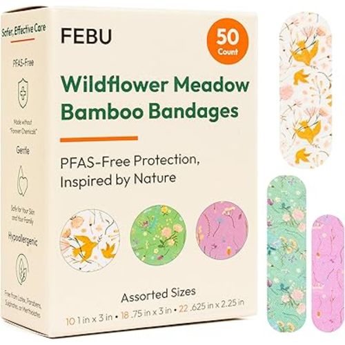 FEBU Wildflower Print Bamboo Fabric Bandages | PFAS Free Flexible Fabric Bandages | Natural Hypoallergenic Bandage for Scrapes, Cuts & First Aid | Compostable, Latex Free Bandage | 50 Count Strip