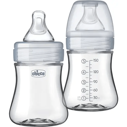 Chicco Duo 5oz. Hybrid Baby Bottle with Invinci-Glass Inside and Plastic Outside | Dishwasher, Bottle Warmer, and Electric Sterilizer Safe | Intui-Latch Nipple | Clear/Grey, 2pk