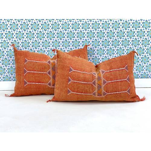 YAKITI-Orange Square Moroccan Pillows, Aka Cactus Silk Pillow - Authentic Moroccan Decor, Luxurious Home Accent