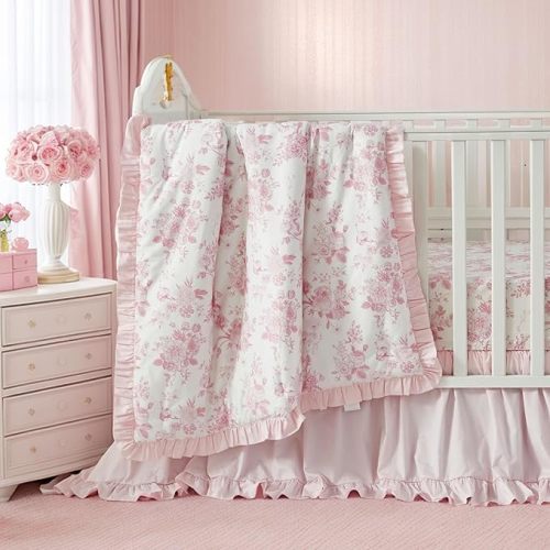 Brandream French Country Toile Crib Bedding Set for Girls Pink Grandmillennial Toile Vintage Floral Print 100% Cotton Baby Girl Nursery Bedding - Ruffles Quilt,Toile Crib Sheet,Crib Bed Skirt,3 Pieces