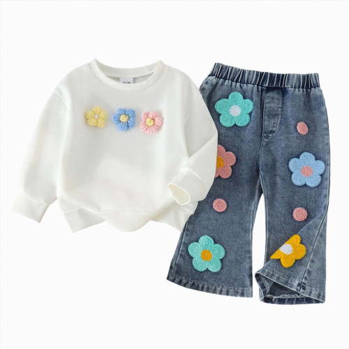 Enyan Toddler Baby Girl Clothes Fall Winter Baby Girl Outfit Floral Crewneck Sweatshirt Bell Bottom Jeans Pants Set
