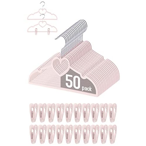 Kids Pink Velvet Clips Hangers - 13inch 50 Pack Toddler Hanger with 20pcs Movable Clips, Stackable Non-Slip Heart Flocked Hangers Fit for Baby and Children Clothes, Heavy-Duty and Space-Saving(Silver)
