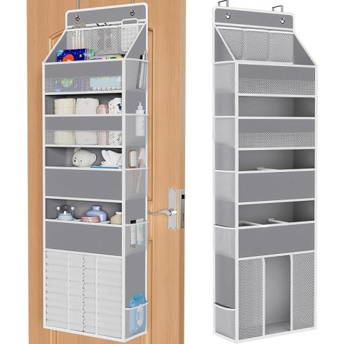 WISELIFE 5-Tier Over the Door Organizer for Hanging - 50LB Heavy-Duty Back of Door Organizer with 5 Spacious Pockets & 13 Mesh Pockets, Multipurpose Storage for Nursery, Bedroom, Closet(1 Pack, Gray)