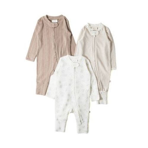 Picolette by Olivia Culpo Baby 3pk Long Sleeve Pajama Romper fold over footie cuff - Beige/White Newborn