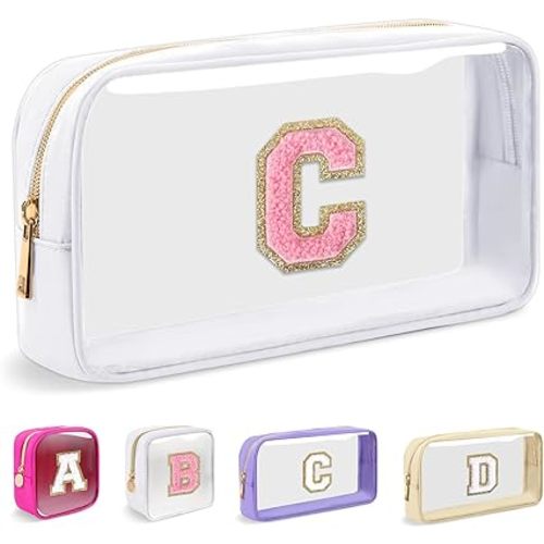 Small Clear Personalized Initial Makeup Bag,Nylon Preppy A-Z Chenille Letter Patch Cosmetic Pouch Beach Toiletry Bag,Waterproof Zipper Travel Purse Storage Bag Organizer for Women Girls(White-Pink C)