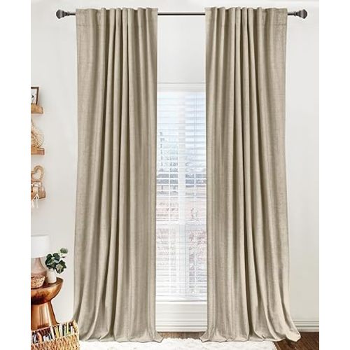 100% Blackout Shield Linen Blackout Curtains for Bedroom 96 Inches Long, Back Tab/Rod Pocket Living Room Drapes, Thermal Insulated Blackout Curtains 2 Panels Set, 50" W x 96" L, Oatmeal