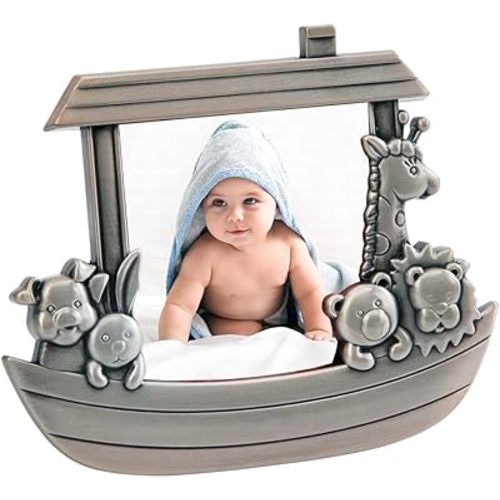 Creative Gifts International Noah's Ark Newborn Baby Photo Frame, 3"x3", Non-tarnish Brushed Pewter Finish, Gift Box Included
