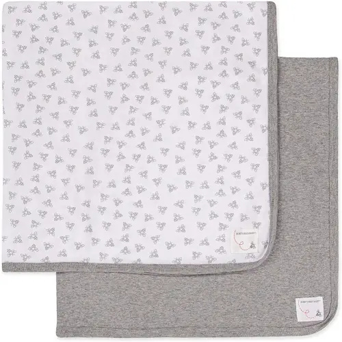 Burt's Bees Baby - Blankets, Set of 2, 100% Organic Cotton Swaddle, Stroller, Receiving Blankets (Heather Grey Solid + Honeybee Print) , 29x29 Inch (Pack of 2)