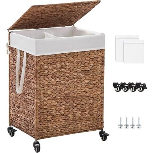 2-Section Laundry Hamper with Lid, Large Capacity Woven Natural Water Hyacinth Laundry Sorter with Removable Liners, Rolling or Non-Slip Design for Bedroom (Espresso, 100L)