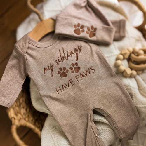 My Siblings Have Paws Baby Romper, Embroidered Baby Outfit with Paw Prints, Personalized Newborn Romper for Dog Lovers