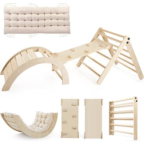 Pikler Triangle Set with Cushion Large, 5 in 1 Montessori Foldable Climbing Set, Climbing Indoor Playground Set for Toddlers, Wooden Climbing Toys with Ramp and Arch Climber for Kids (Wooden Color)