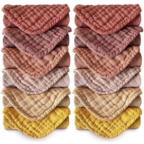 MOON PARK Baby Washcloths, 12 Pack - 12x12 Inches, Small Burp Cloths and Baby Wipes - 100% Cotton Muslin Ultra Soft for Newborn, Infant and Toddlers - Brown, Honey and Bean Paste Series