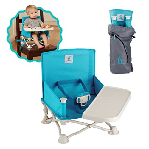 hiccapop OmniBoost Travel Booster Seat with Tray for Baby | Folding Portable Seat for Dining Table, Camping, Beach, Grandma’s | Tip-Free Design Straps to Kitchen Chairs - Tahitian Blue
