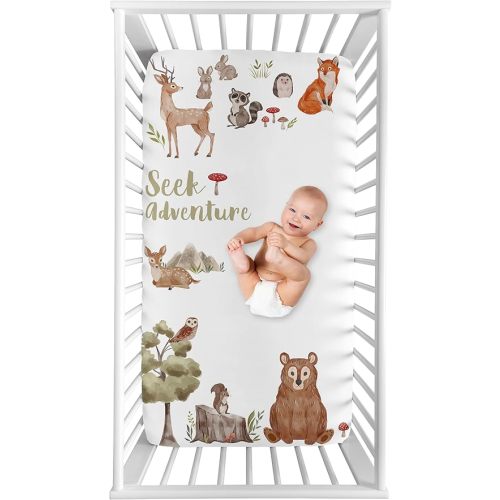 Sweet Jojo Designs Woodland Forest Animals Boy Girl Gender Neutral Unisex Baby Fitted Crib Sheet Photo Op Infant Newborn Nursery Toddler Bed Room Standard Mattress Bear Fox Hedgehog Deer Sage Green