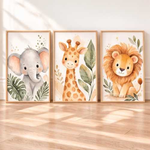Safari Animal Nursery Prints Set of 3, Watercolor Lion, Giraffe, Elephant Art, Jungle Animal Wall Art, Nursery Decor