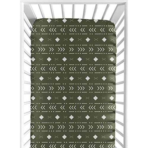 Sweet Jojo Designs Hunter Green Boho Tribal Mudcloth Boy or Girl Fitted Crib Sheet Baby or Toddler Bed Nursery - White Woodland Bohemian Southwest Geometric Arrow Gender Neutral Aztec Mud Cloth