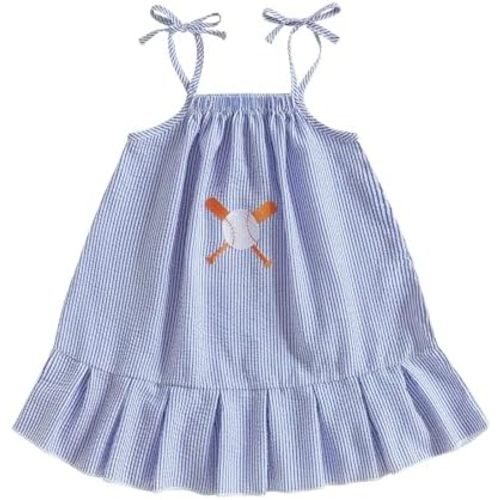 Baby Girls Sports Dress Toddler Seersucker Dress Sleeveless Baseball/Golf Embroidery Sundress Casual Summer Outfit