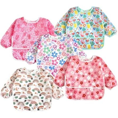 PandaEar 5 Pack Baby Long Sleeve Bibs| Waterproof Full Sleeve Bib for Baby Infant Toddler 6-36 Months