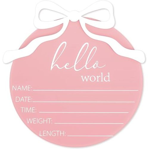 JarThenaAMCS Hello World Bow Acrylic Baby Announcement Sign Coquette 3D Girl Newborn Name Sign for Welcome to The World Baby Shower Party Photo Prop