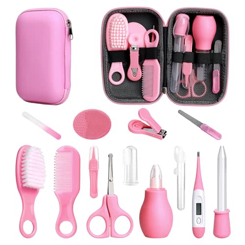 Baby Healthcare and Grooming Kit, 14 in 1 Baby Safety Set Newborn Nursery Health Care Set with Hair Brush Scale Nail Clippers for Baby Girls Boys (14 Kits Pink)