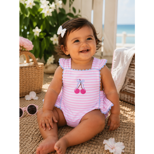 Ric Rac Ruffle Sunsuit, Cherry Stripe