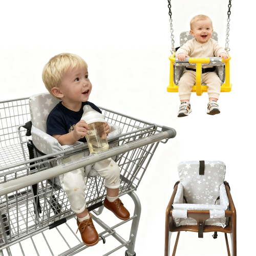 HOOETOON Shopping Cart Cover High Chair Cover Baby 2 in 1 Machine Washable Cotton Padded Safety Harness Toy Tether Toddler Infant Boy Girl, Grey with Star Print