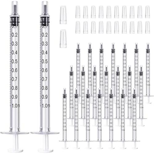 JOLLY PARTY 20 Pack 1ml Syringes with Caps, 1cc Syringe Needleless, Small Oral Syringe with Tip Cap Individually Wrapped for Scientific Labs, Liquid Measuring, Pet Feeding, Oil & Glue Dispenser