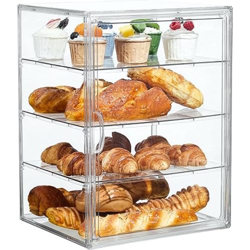 Pastry Display Case,Bread Box for Kitchen Countertop,4 Layers Adjustable Clear Bread Storage with Magnetic Door Bakery Pastry Display15.5x11.4x9.8inch,1 Pack