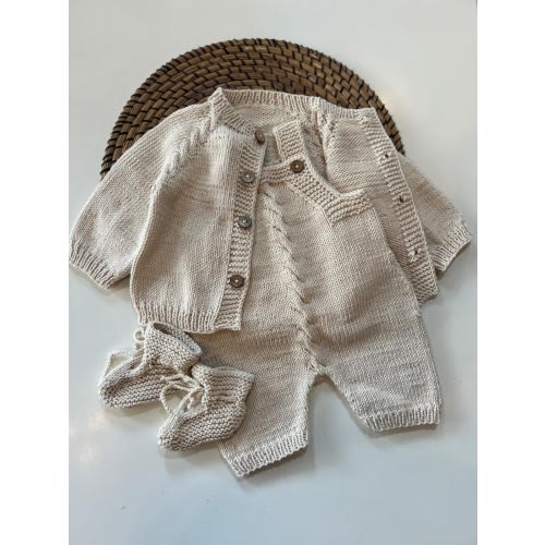 Organic Cotton Newborn Set, Hand Knitted Cardigan Romper Booties, Neutral Baby Clothes