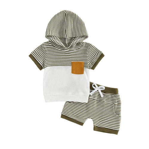 Short Sleeve Waffle Striped Hoodie Set