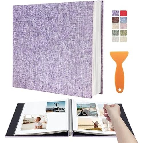 Large Photo Album Self Adhesive Scrapbook Album for 4×6 5×7 8×10 Pictures DIY Magnetic Linen Cover Album 40 Pages for Family Wedding Gifts with Metal Pen and Plastic Board, Light Purple