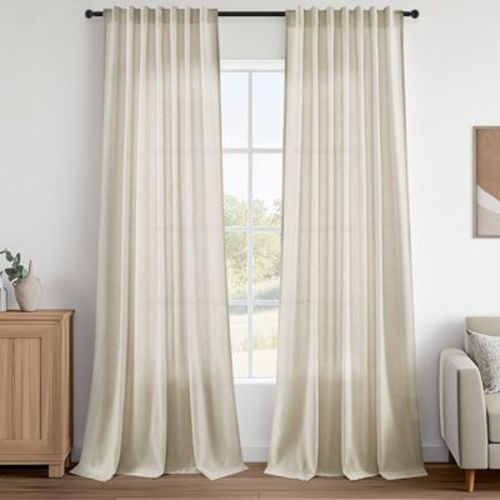 Topfinel Cotton Linen Blended Semi Sheer Back Tab Curtains Light Filtering Window Curtains Living Room Bedroom,94 inches Long Set of 2,Oatmeal