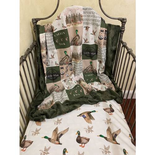 Woodland Duck Sheet and Personalized Blanket Crib Bedding Set, Baby Boy Crib Bedding, Duck Hunting Nursery