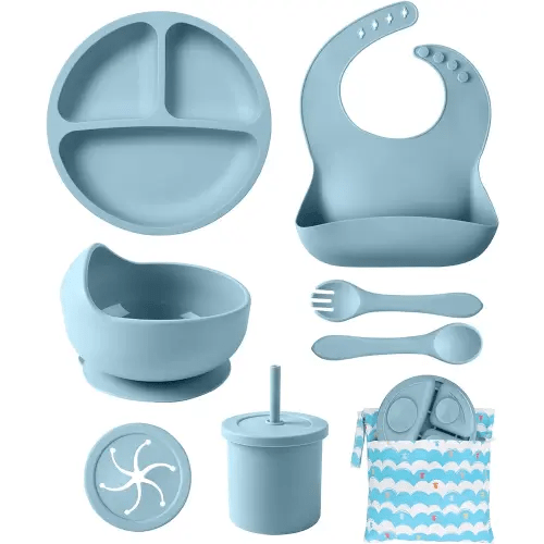 ECLIP Silicone Baby Feeding Set, 10 Pcs Baby Led Weaning Supplies with Suction Bowl Divided Plate Adjustable Bib Soft Spoon Fork Snack Cup with Lid Drinking Cup, Utensil (Blue)
