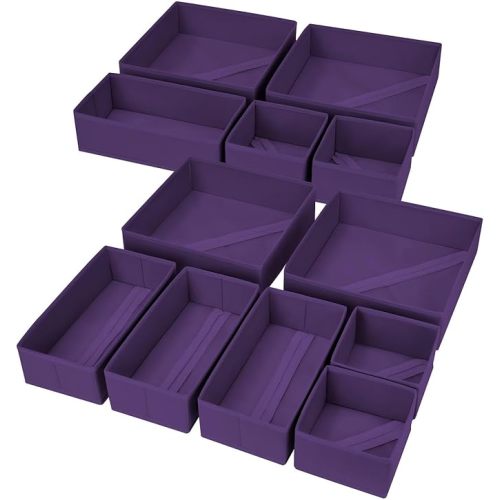 DIMJ Drawer Organizer Clothes, 12 Pack Dresser Organizer, Foldable Closet Organizers and Storage, Fabric Dresser Bins, Drawer Dividers for Nursery, Baby Clothes, Underwears, Sock (Purple)