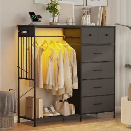 6-Drawer Dresser with Clothes Rack & Charging Station, Fabric Storage Chest with Wood Top & Lights, Closet Organizer Cabinet for Bedroom
